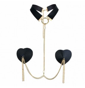 heart chest chain nipple pad with collar for women hot pole dance nightclub dress up body chain PU leather body chain accessories sexy love breast jewelry